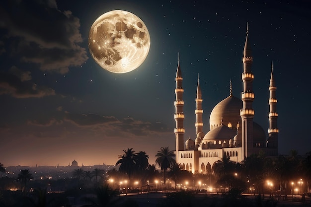 Golden Sunset Silhouettes and Birds over Majestic Mosque Crescent Moon Over Illuminated Mosque