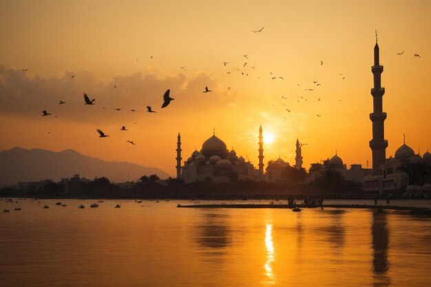 Golden Sunset Silhouettes and Birds over Majestic Mosque Crescent Moon Over Illuminated Mosque