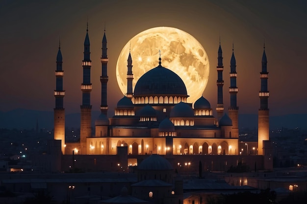 Golden Sunset Silhouettes and Birds over Majestic Mosque Crescent Moon Over Illuminated Mosque