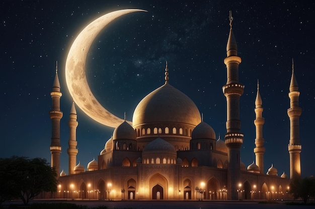 Golden Sunset Silhouettes and Birds over Majestic Mosque Crescent Moon Over Illuminated Mosque