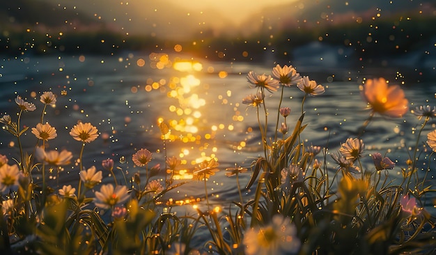 Golden sunset over the tranquil lake with blooming wildflowers