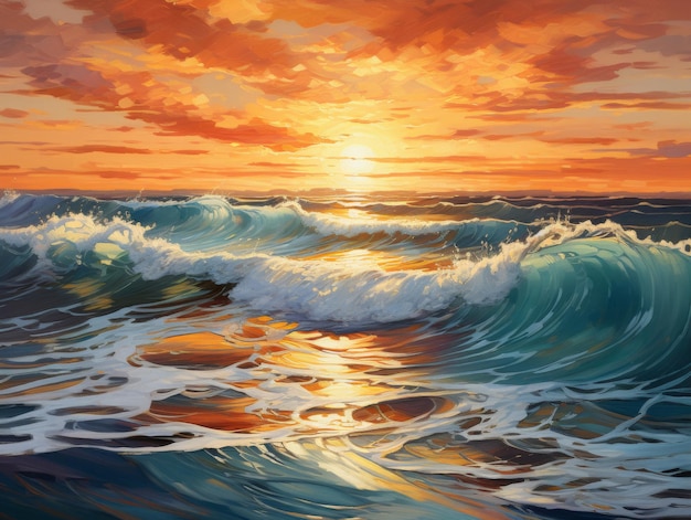 Golden sunset over turquoise ocean waves