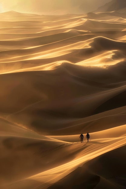 Golden Sunset Over Vast Sand Dunes with Figures Walking