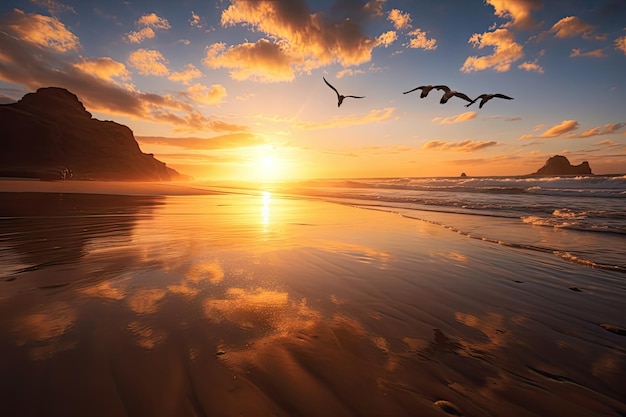 A golden sunset with a beach scene and a seagull flying in the sky