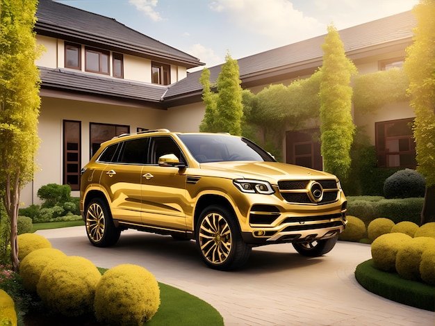 Golden SUV in house garden