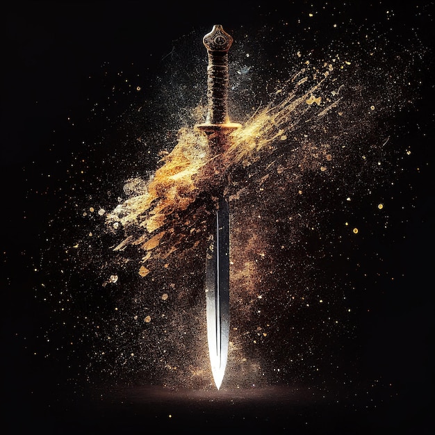 Golden sword glitter explosion in black background