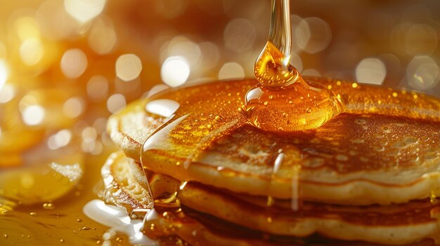 Photo golden syrup drizzle on fluffy pancakes appetizing breakfast image