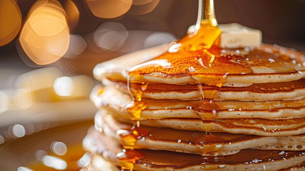 Photo golden syrup drizzling over a stack of fluffy pancakes