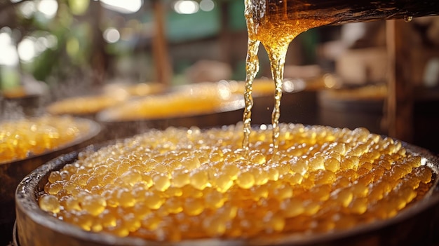 Golden syrup flows from a wooden spout into a large container during a harvest event at the farm