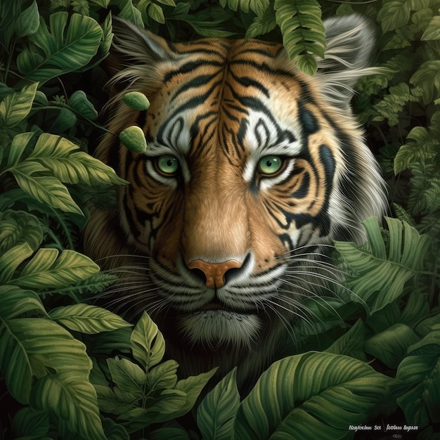 A Golden Tabby Tiger Head Wrapped In Green Leaves On A Background Of Leaves Generative AI