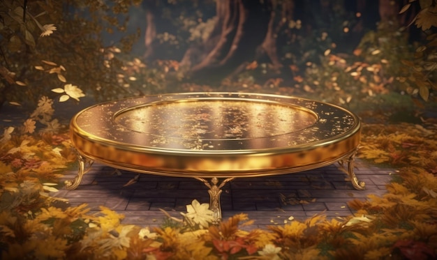 A golden table in a forest with leaves on it