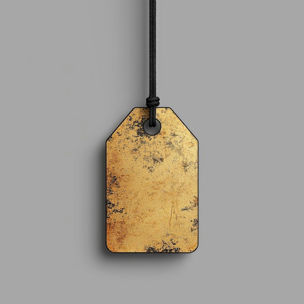 Photo golden tag with black string hanging on gray background