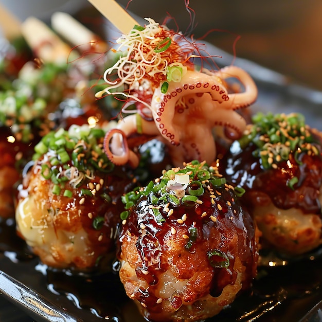 Photo golden takoyaki balls with octopus and toppings