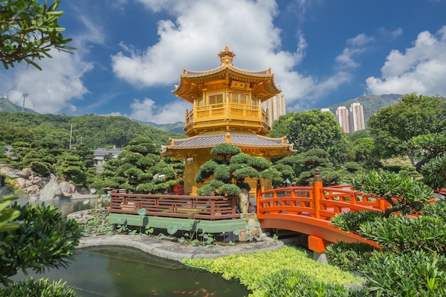 golden teak wood pagoda at Nan Lian Garden in Hong Kong