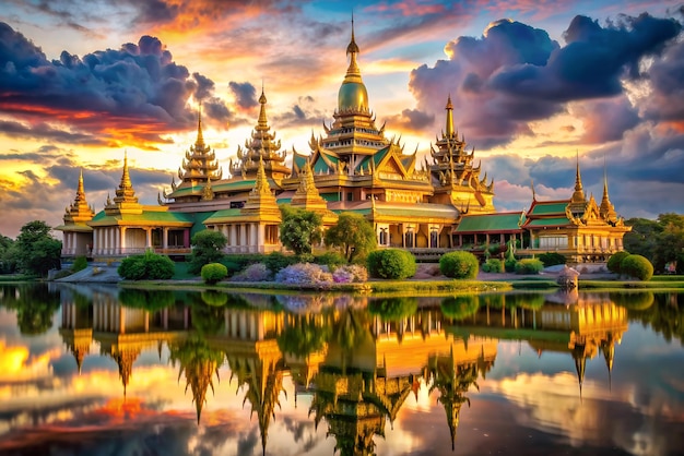 Golden Temple Complex Reflecting in Calm Water at Sunset