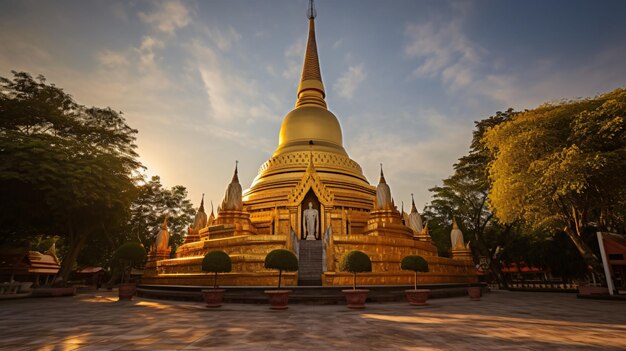 a golden temple with a golden roof and a sunset in the background