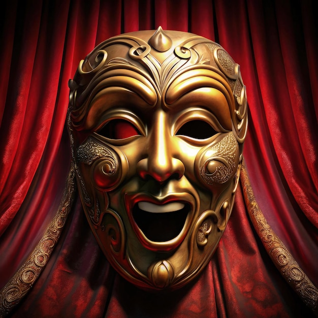 Photo golden theatre mask with intricate designs displayed against a dramatic red backdrop generative ai