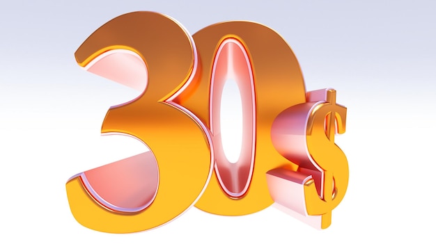 Golden thirty 30 dollars number isolated on white background 3D render