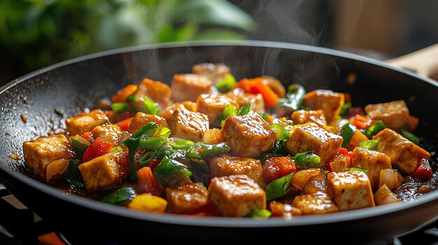 Photo golden tofu chunks in a plantbased stir fry