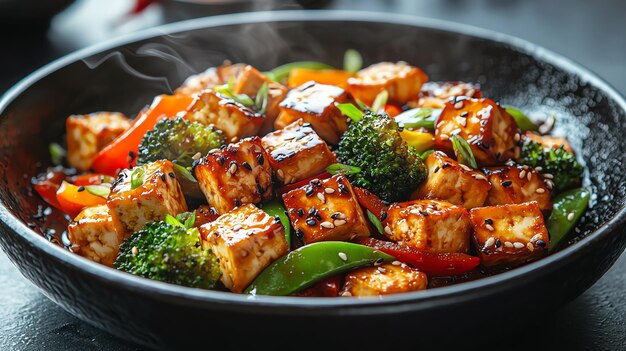 Photo golden tofu cubes in a savory vegetarian stir fry