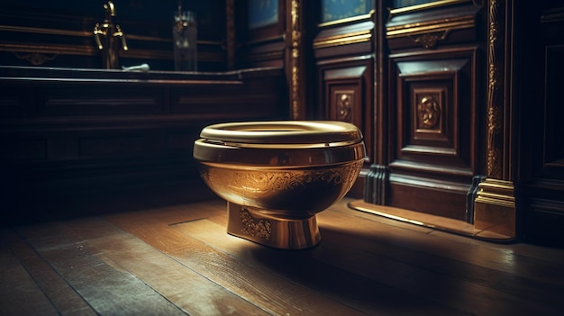 Golden toilet bowl in a room with wooden wall and floorgenerative ai