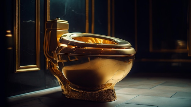 Golden toilet bowl in a room with wooden wall and floorgenerative ai