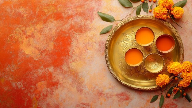 Photo golden tray filled with candles flowers and spices