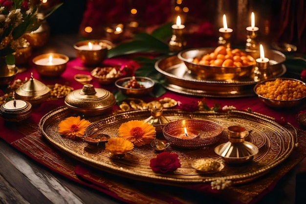 A golden tray with candles and flowers on it