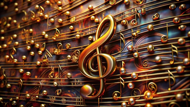 Golden treble clef on music sheet background with golden notes