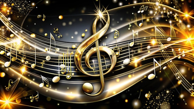 A golden treble clef surrounded by musical notes glittering stars and sparkling lines