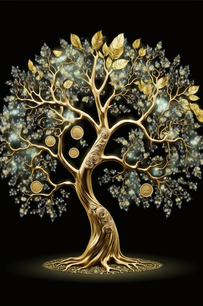 Golden tree on a black background generative ai