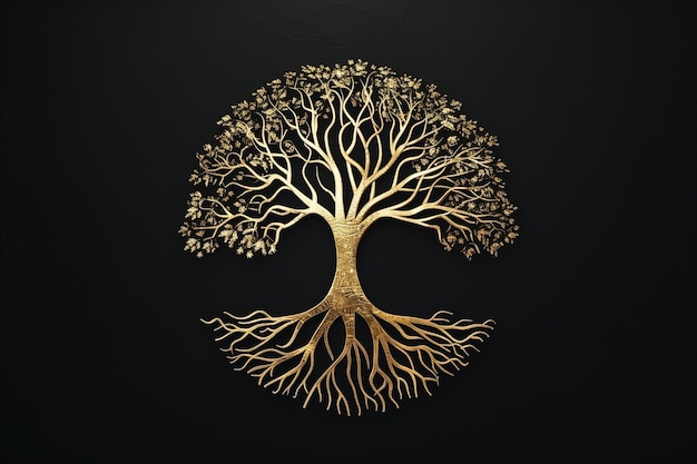 Golden tree of a life with roots on a black background