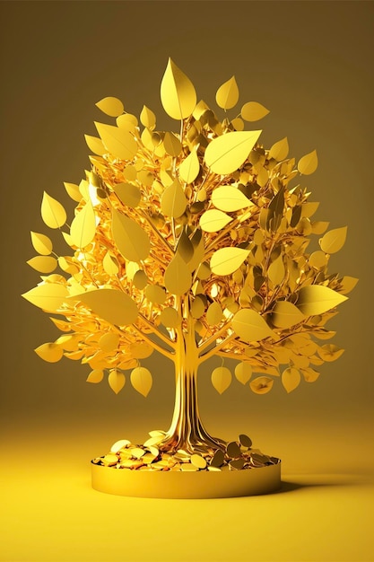 Golden tree sitting on top of a pile of coins generative ai