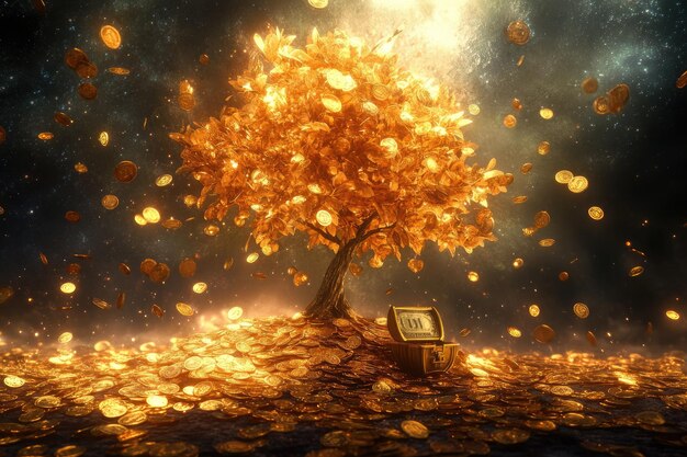 Photo a golden tree surrounded by coins symbolizing wealth and prosperity