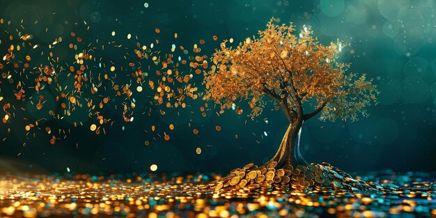 Photo golden tree with glowing coins symbolizing wealth prosperity and financial growth