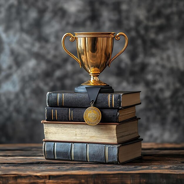 Photo golden trophy award on stack of books photo