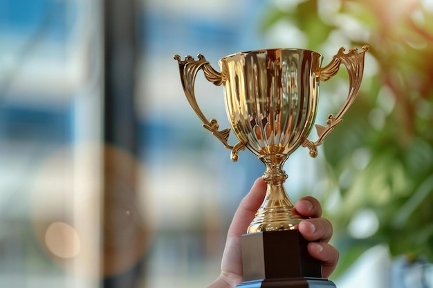 Golden trophy in hand on blurred background of office business competition concept banner with copy