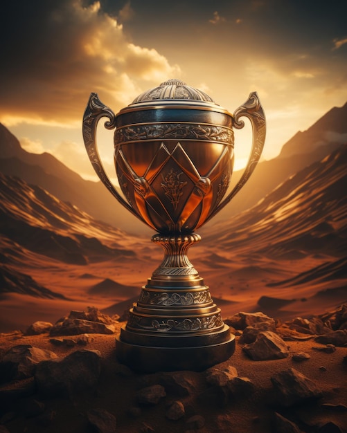 a golden trophy sits in the middle of a desert with mountains in the background