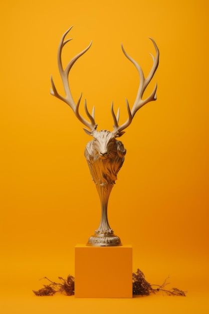 a golden trophy with a deers head on it