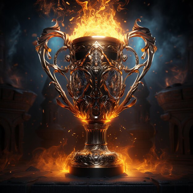 a golden trophy with flames lighting up a dark background in the style hyperrealistic illustrations