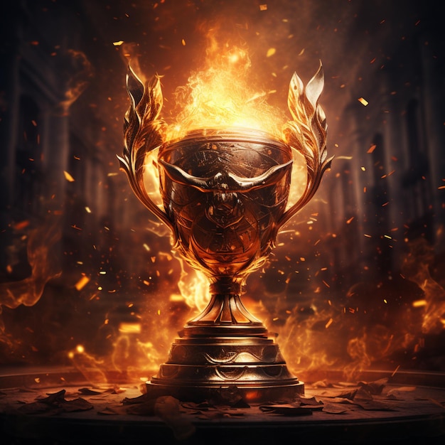 a golden trophy with flames lighting up a dark background in the style hyperrealistic illustrations