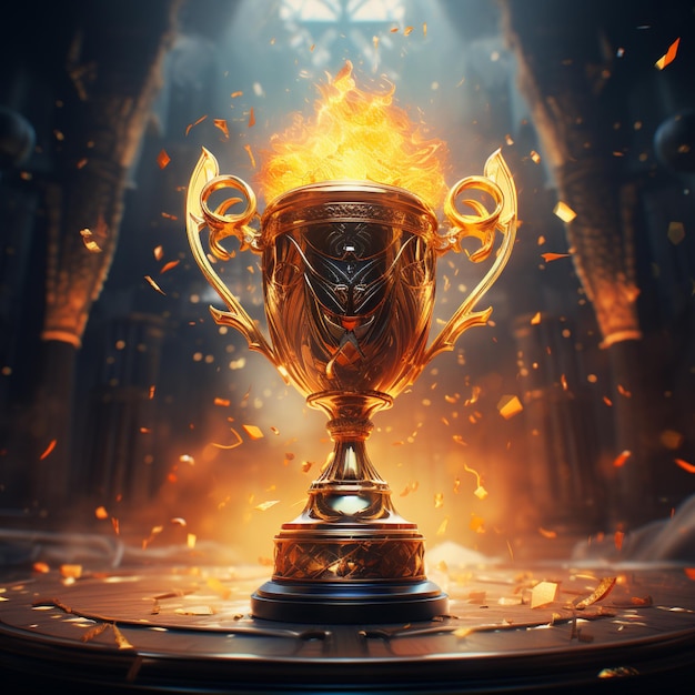 a golden trophy with flames lighting up a dark background in the style hyperrealistic illustrations