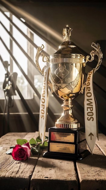 Golden trophy on wooden table Idea of award and success