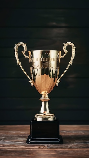 Golden trophy on wooden table Idea of award and success