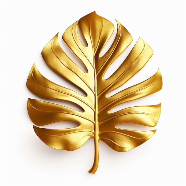 Golden tropical monstera leaf isolated on white background