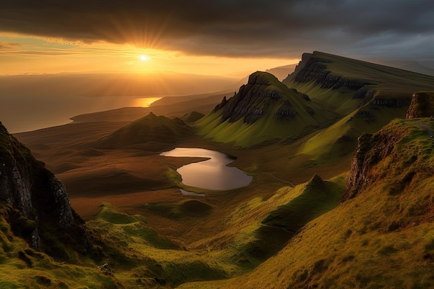 Golden twilight in the mountains of Quiraing Scotland generative IA