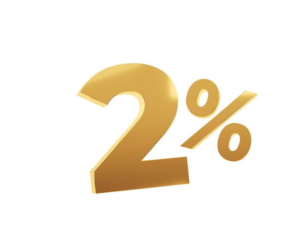 Golden two percent on white background. 3d render.