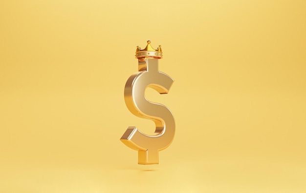 Golden US dollar or USD sign with gold crown on yellow background for USD is the king or main currency exchange in the world from united state of America concept by 3d render