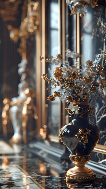 Photo a golden vase of flowers sits on a marble table in a luxurious room