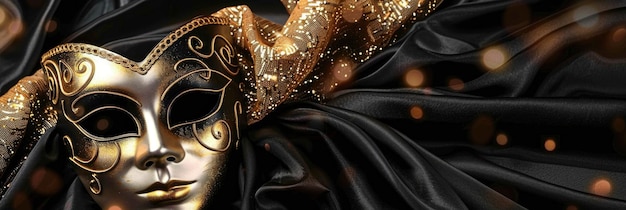 Photo golden venetian mask on black fabric